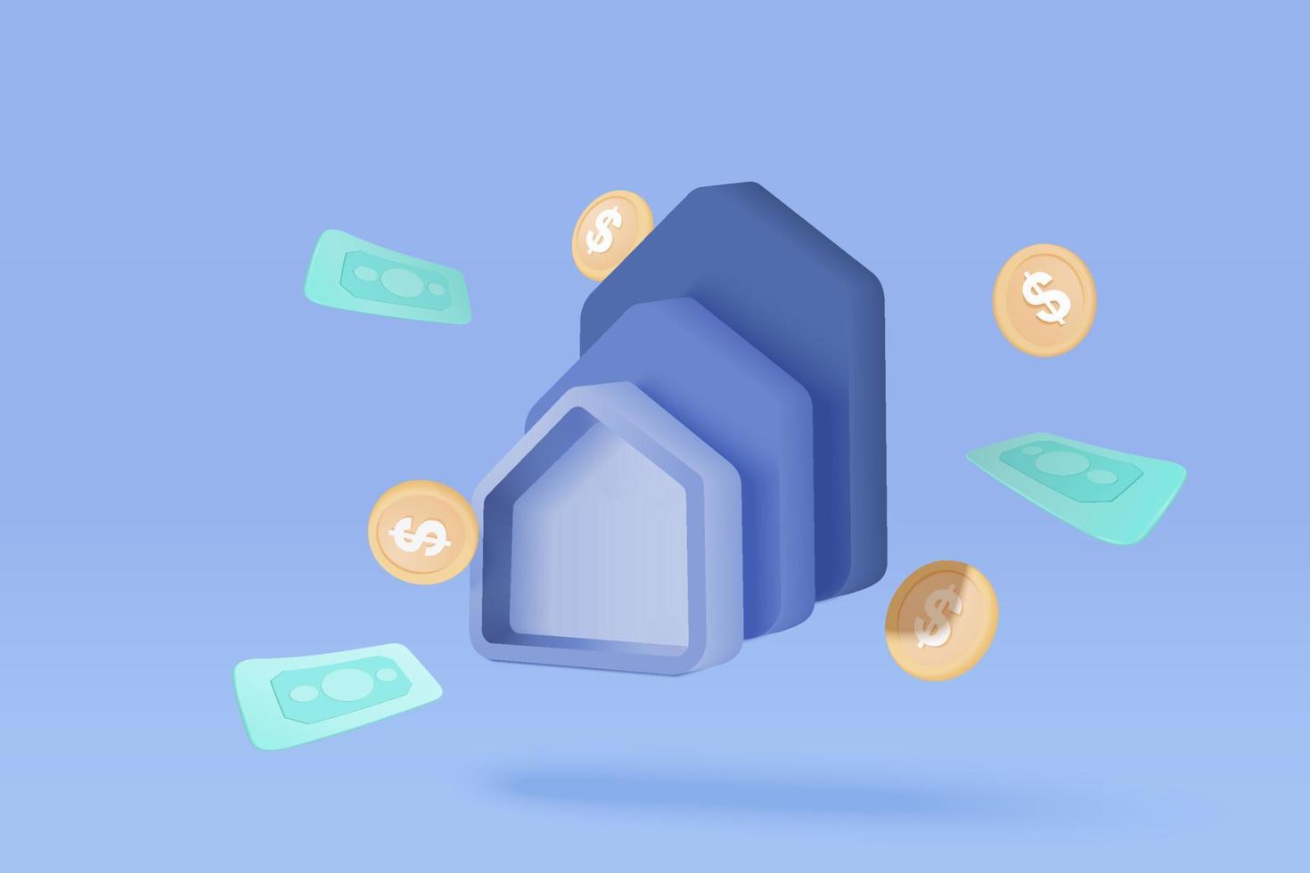 3D vector real estate and coin stack on white background. money saving to loan house, property concept of financial, money investment. Stack of coins and a tiny house bank on blue background