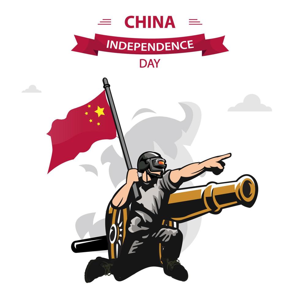 China Independence Day vector. Flat Design Patriotic soldier carrying China Flag. vector