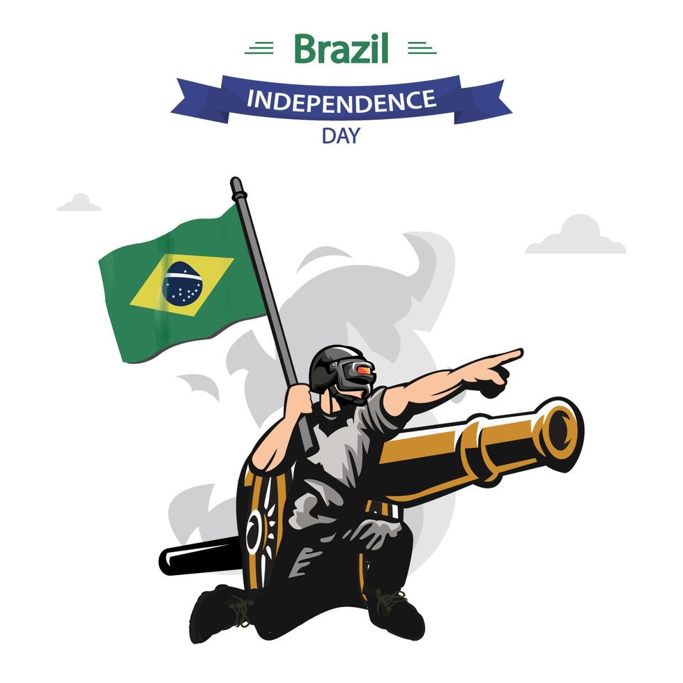 día de la independencia de brasil. soldado de diseño patriótico plano que lleva la bandera de brasil. vector