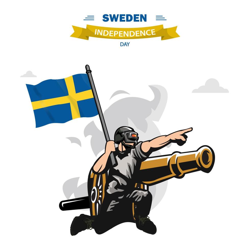 Sweden Independence Day vector. Flat Design Patriotic soldier carrying Sweden Flag. vector