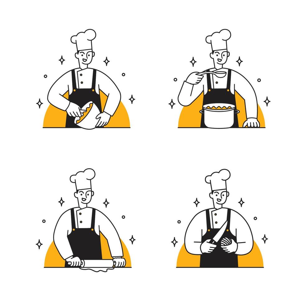 simple modern chef cooking illustration design set vector