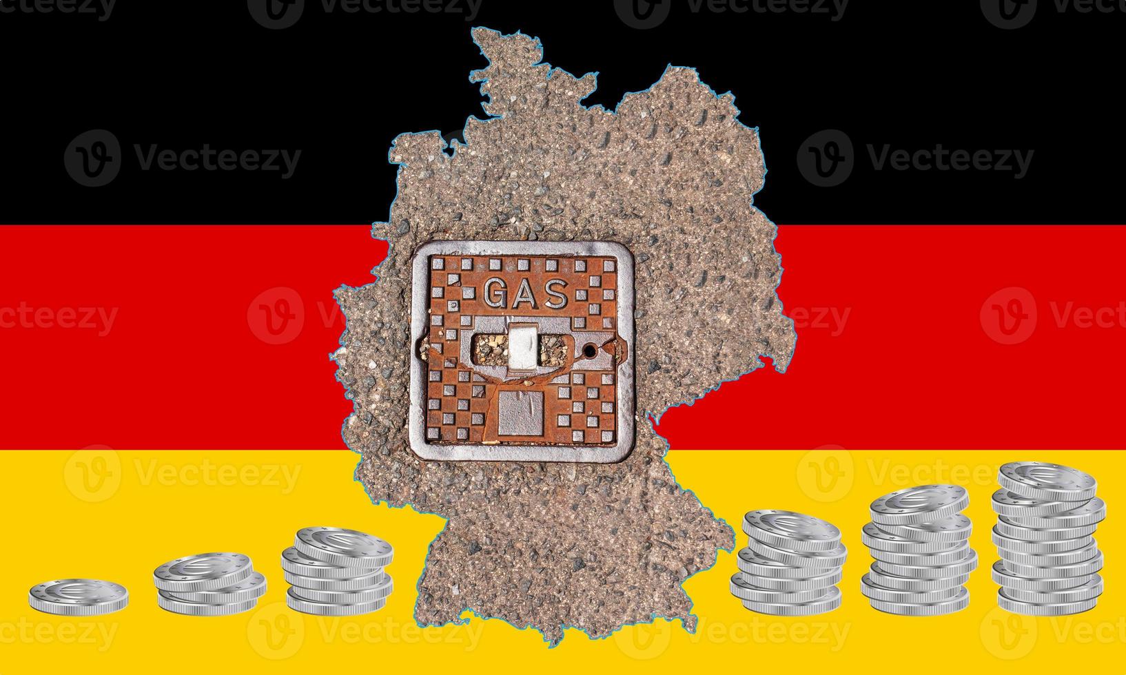 Outline map of Germany with the image of the national flag. Manhole cover of the gas pipeline system inside the map. Stacks of Euro coins. Collage. Energy crisis. photo