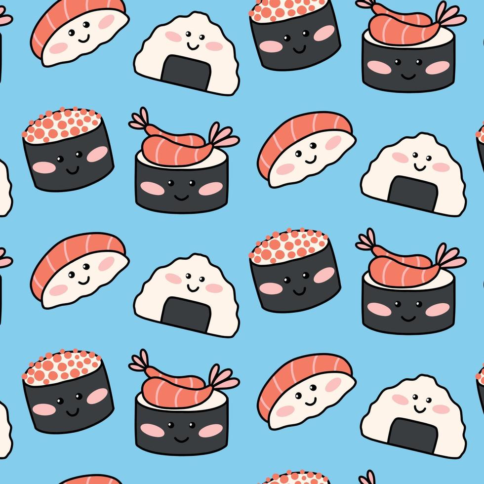 Seamless pattern with funny sushi in kawaii style. Vector illustration . Cartoon style. Print with sushi characters.