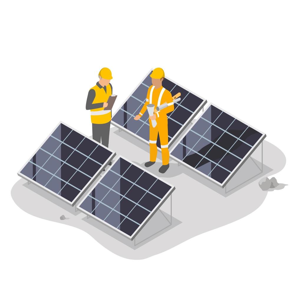solar power plant mechanical team install engineer examine isometric vector
