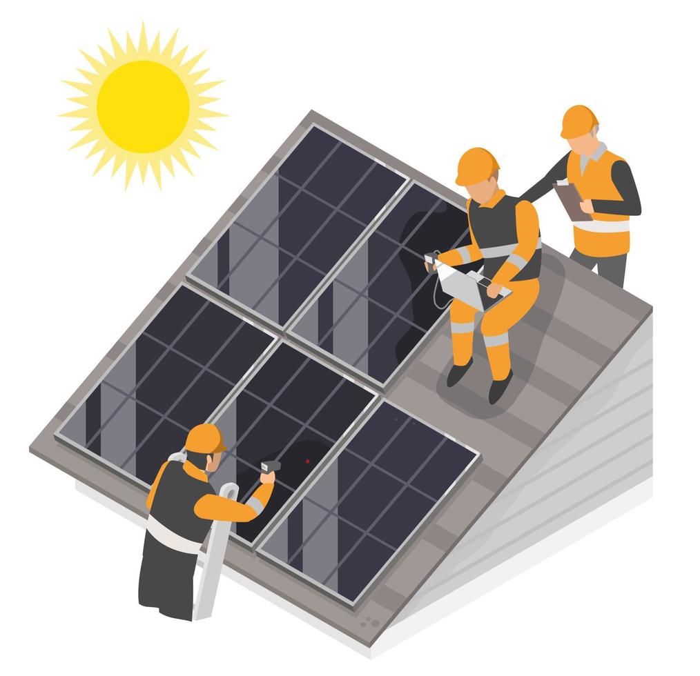solar cell power plant house roof top maintenance team isometric vector