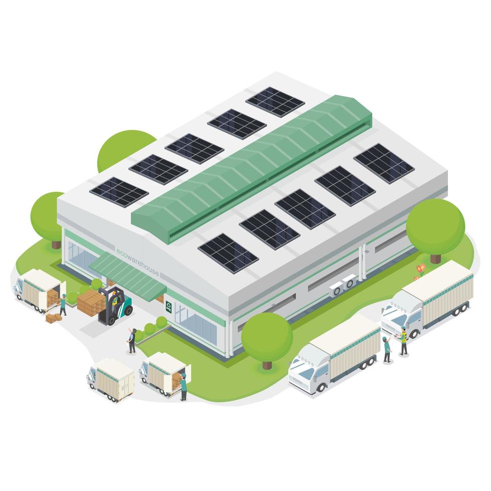 solar cell system for energy eco warehouse and factory isometric top view green business clean energy vector