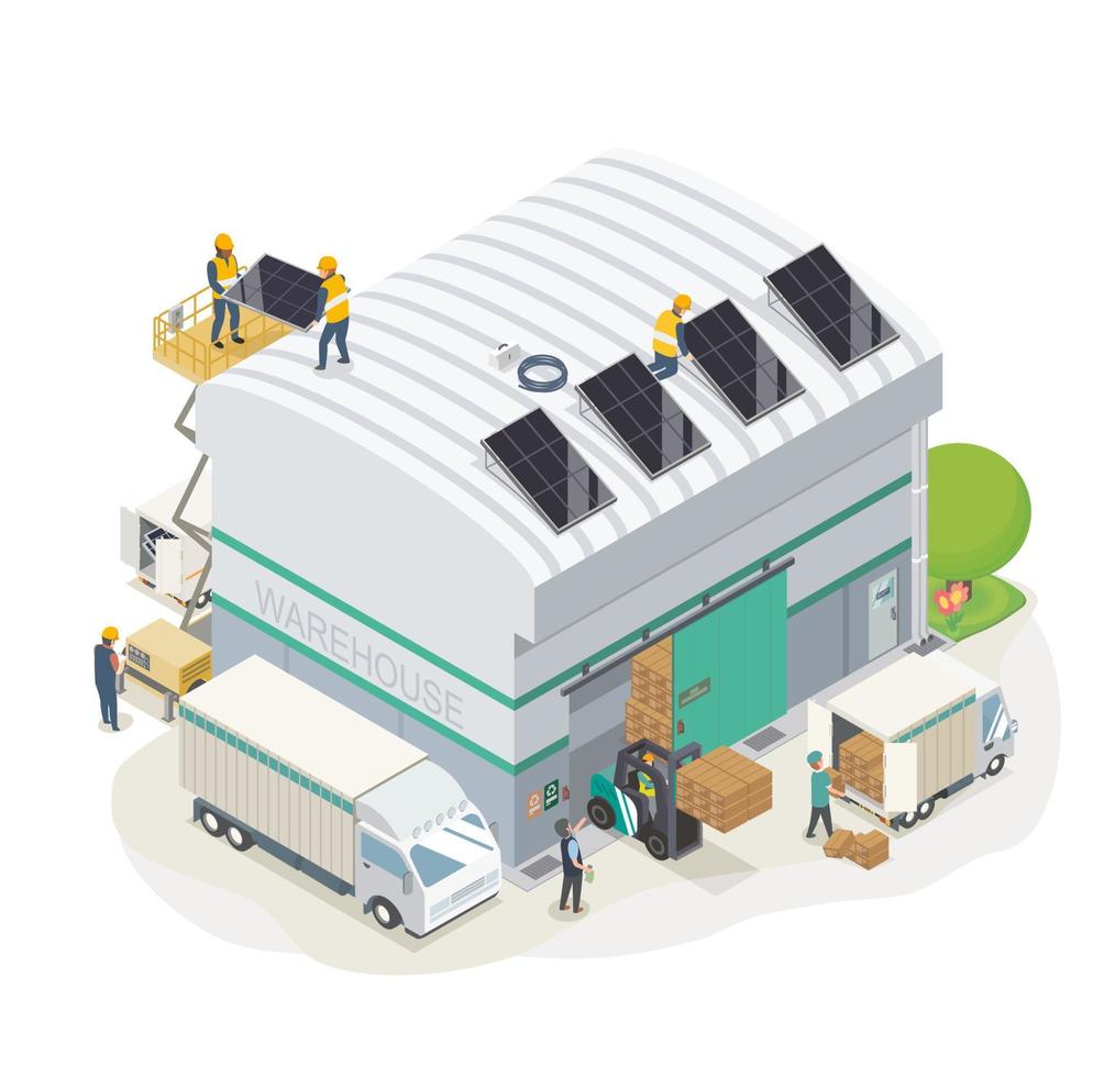 solar cell energy small werehouse isometri vector