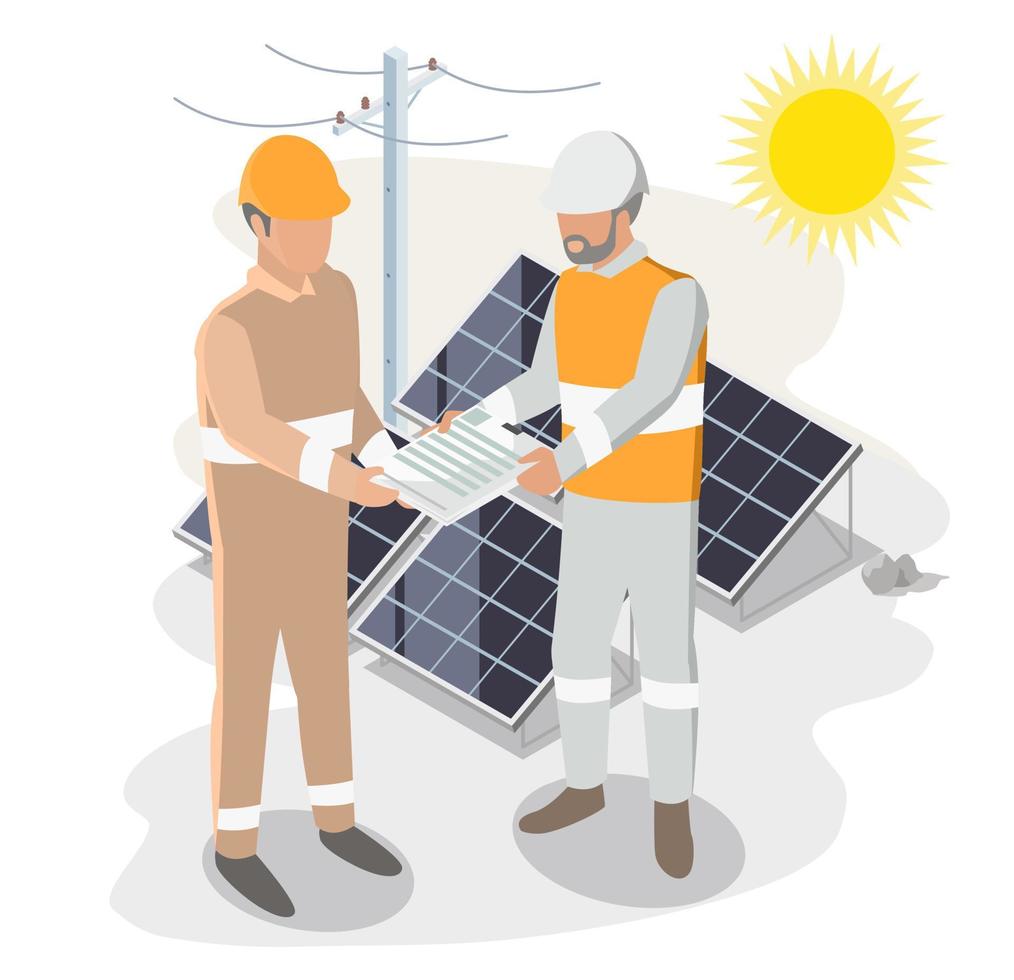 solar cell installer service engineer applying for permission electricity to approve isometric vector