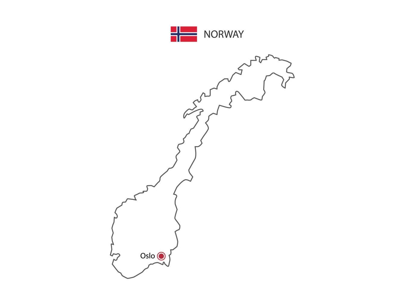 Hand draw thin black line vector of Norway Map with capital city Oslo on white background.