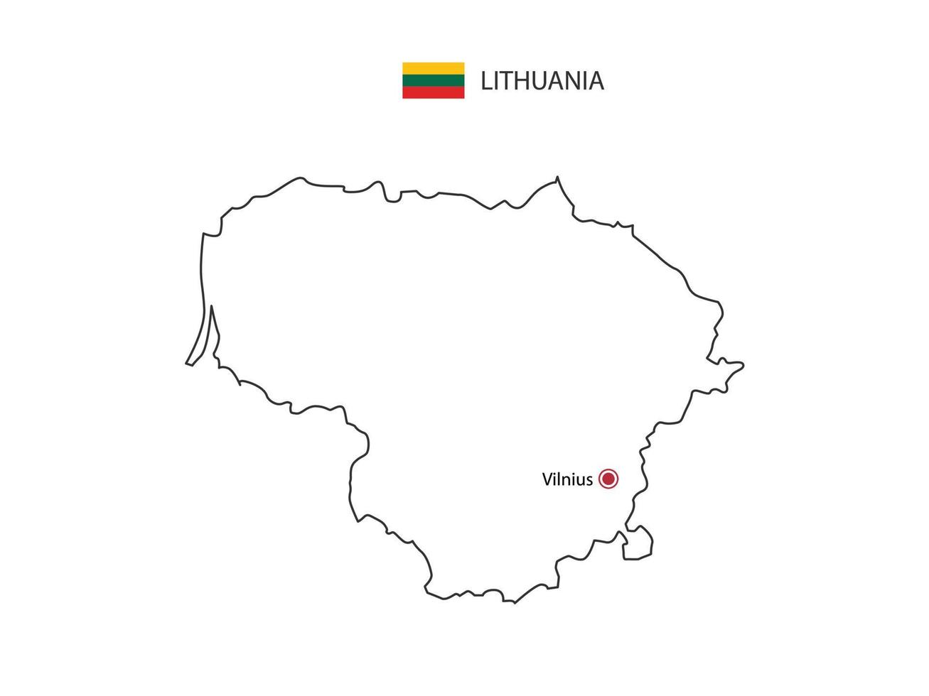 Hand draw thin black line vector of Lithuania Map with capital city Vilnius on white background.