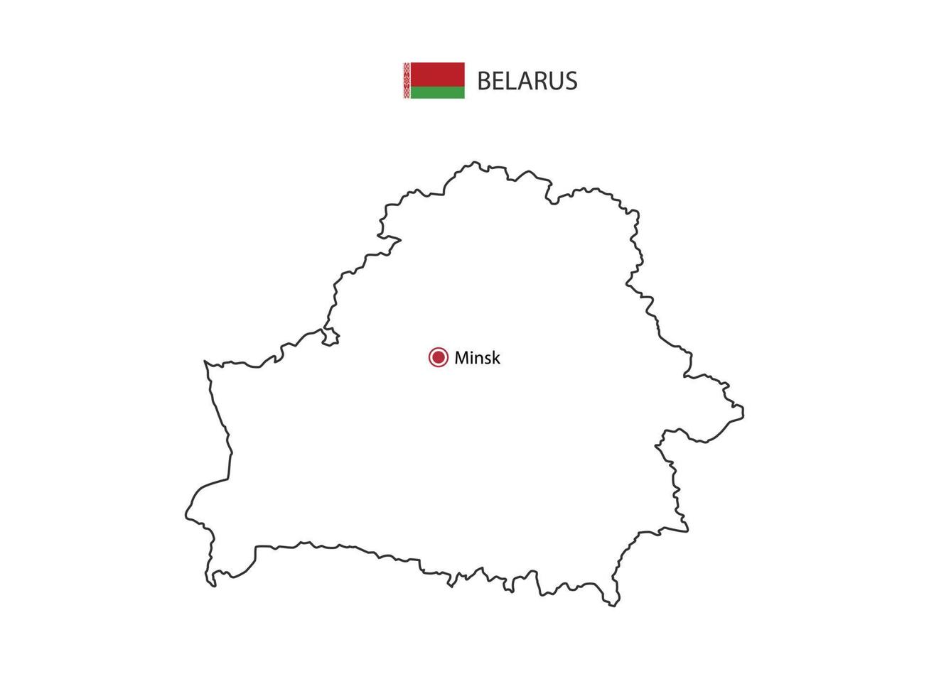 Hand draw thin black line vector of Belarus Map with capital city Minsk on white background.