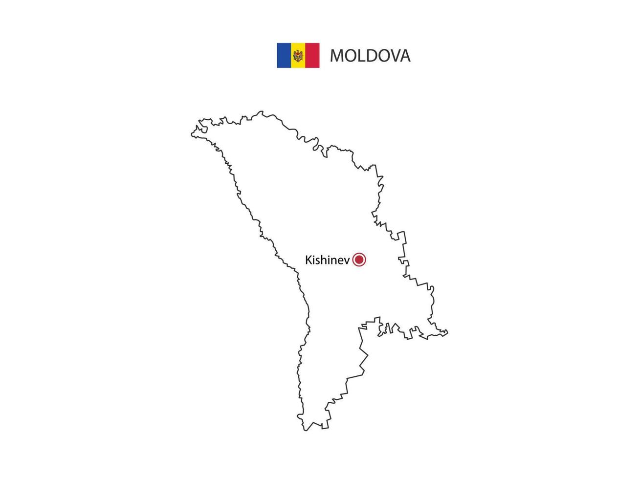 Hand draw thin black line vector of Moldova Map with capital city Kishinev on white background.