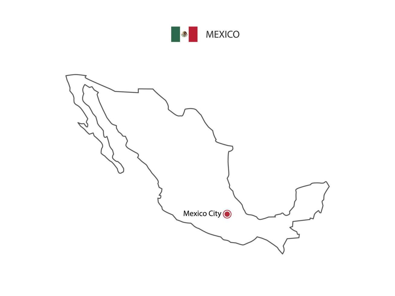 Hand draw thin black line vector of Mexico Map with capital city Mexico City on white background.
