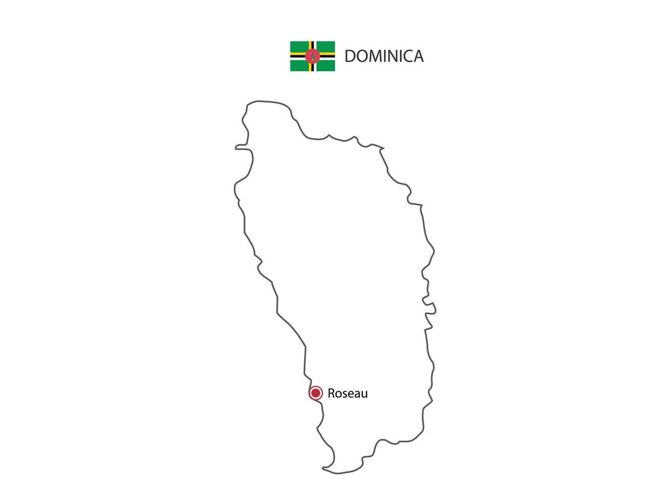 Hand draw thin black line vector of Dominica Map with capital city Roseau on white background.