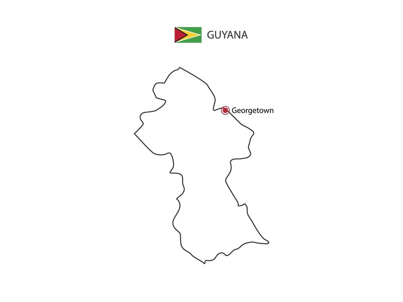 Hand draw thin black line vector of Guyana Map with capital city Georgetown on white background.