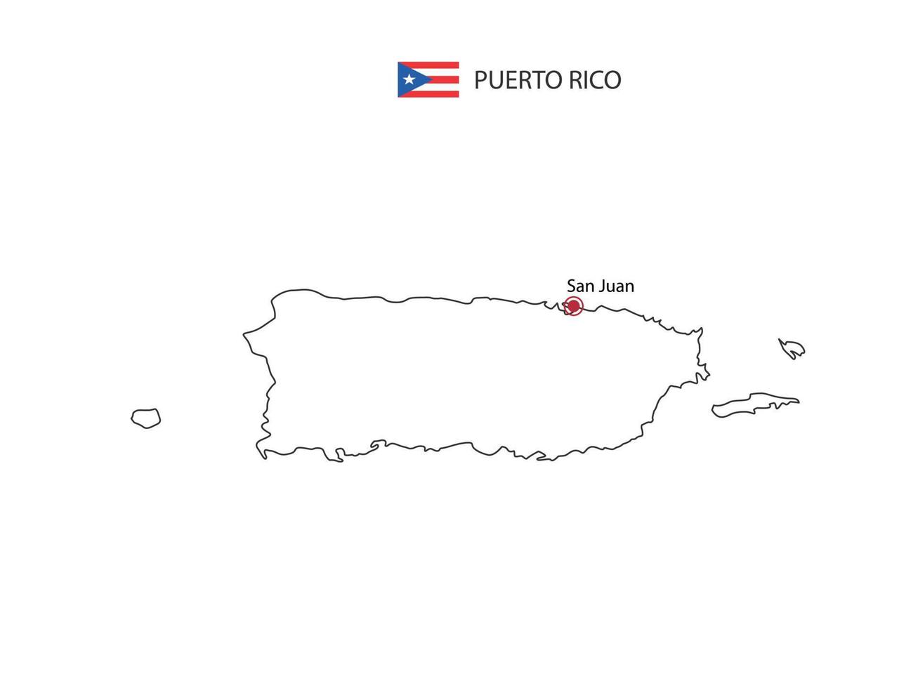 Hand draw thin black line vector of Puerto Rico Map with capital city San Juan on white background.