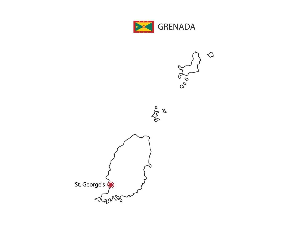 Hand draw thin black line vector of Grenada Map with capital city St. George's on white background.