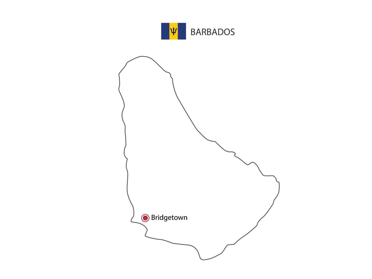 Hand draw thin black line vector of Barbados Map with capital city Bridgetown on white background.