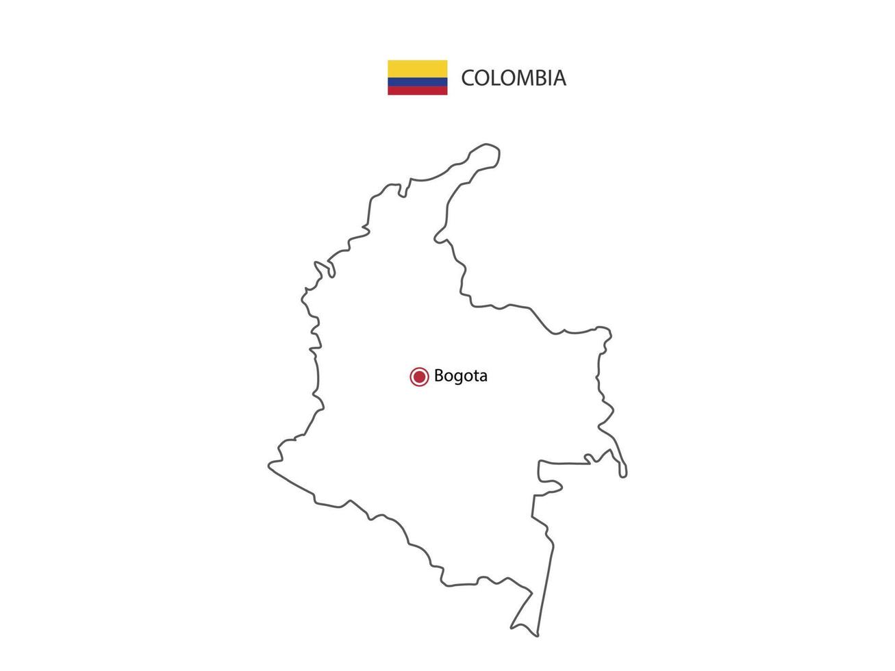 dibujar a mano el vector de línea negra delgada del mapa de colombia con la ciudad capital bogota sobre fondo blanco.