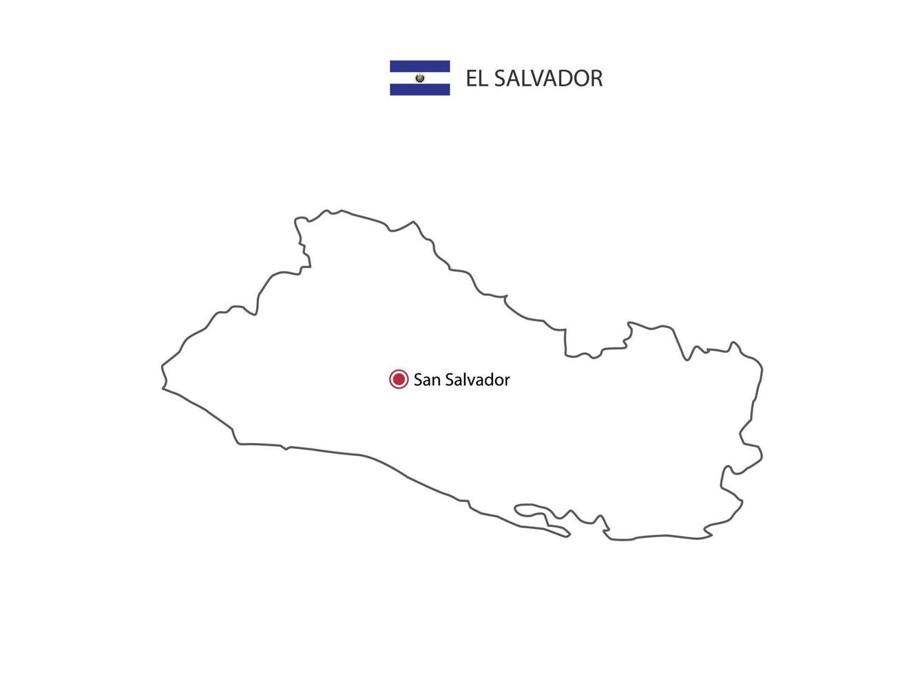 Hand draw thin black line vector of El Salvador Map with capital city San Salvador on white background.