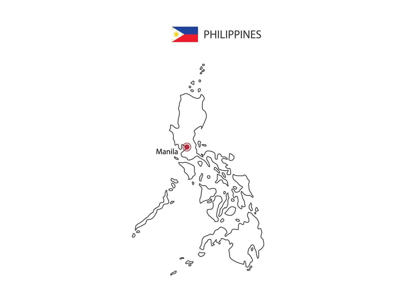 Hand draw thin black line vector of Philippines Map with capital city Manila on white background.