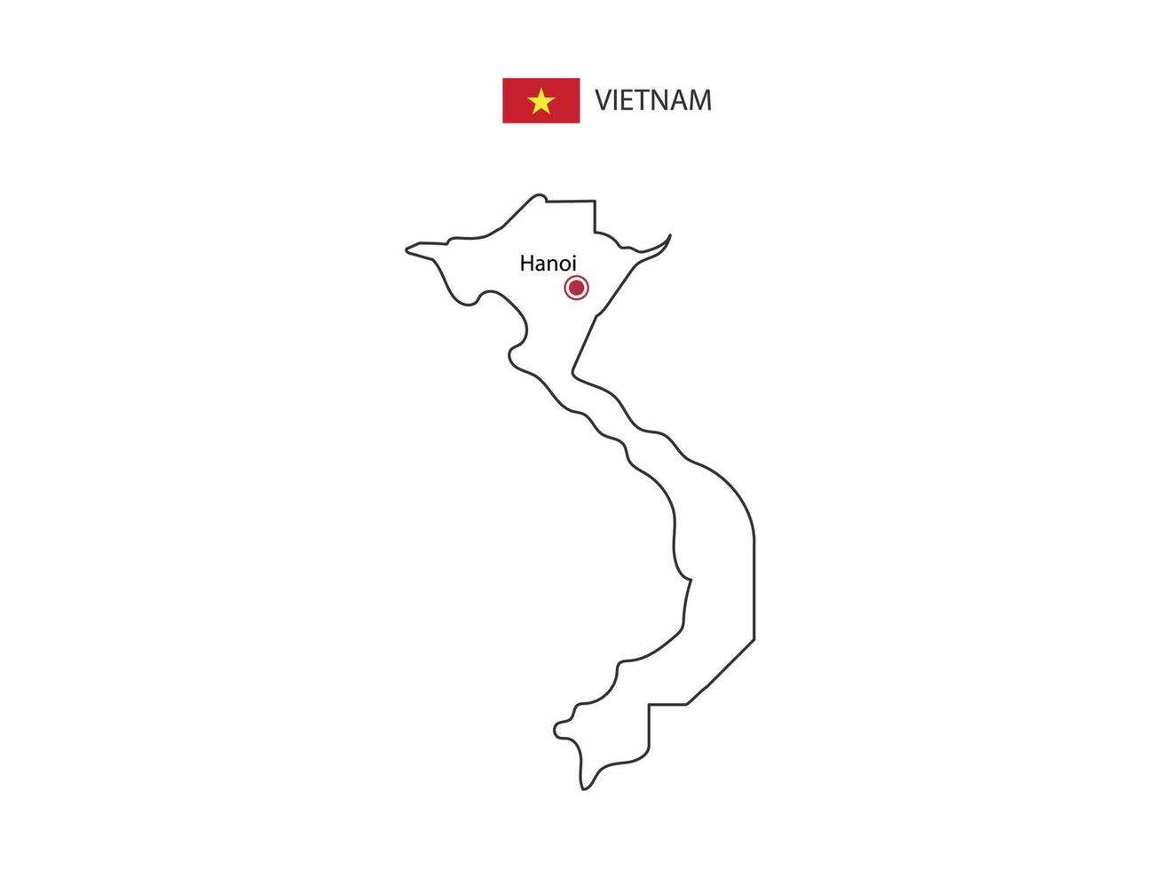 dibujar a mano el vector de línea negra delgada del mapa de vietnam con la ciudad capital hanoi sobre fondo blanco.