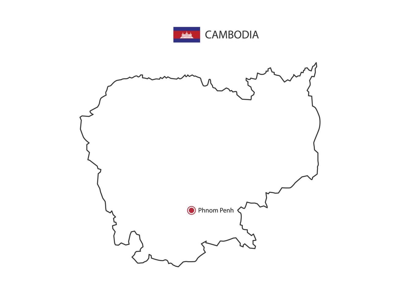 Hand draw thin black line vector of Cambodia Map with capital city Phnom Penh on white background.