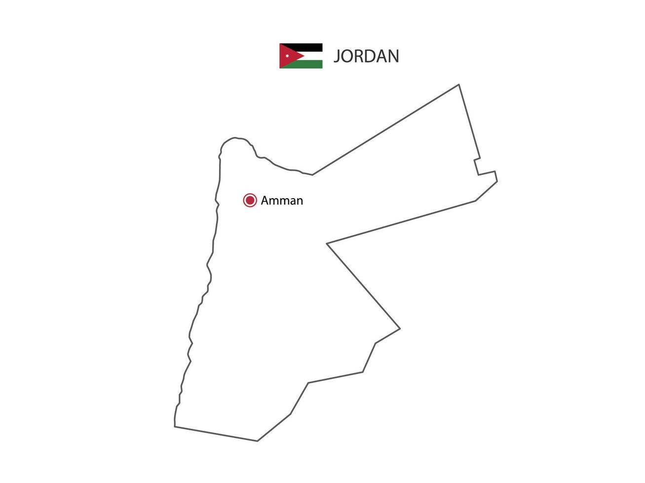 dibujar a mano el vector de línea negra delgada del mapa de jordania con la ciudad capital amman sobre fondo blanco.