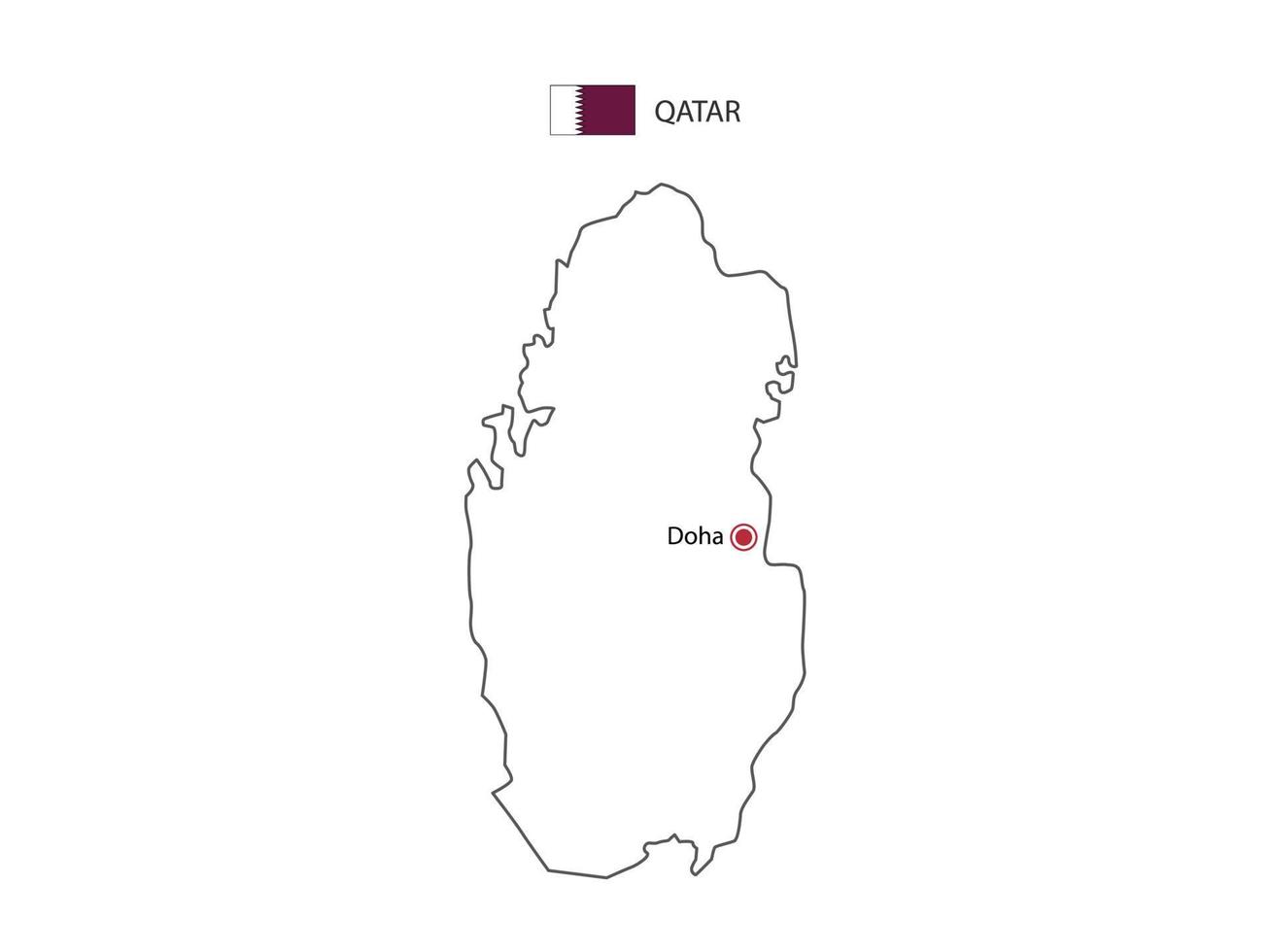 Hand draw thin black line vector of Qatar Map with capital city Doha on white background.