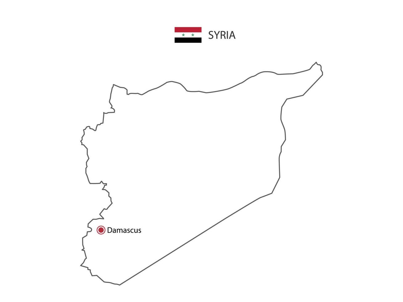 Hand draw thin black line vector of Syria Map with capital city Damascus on white background.