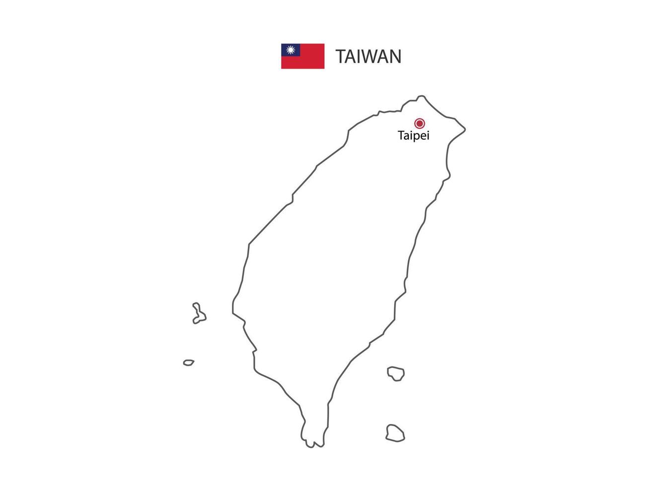 dibujar a mano el vector de línea negra delgada del mapa de taiwán con la ciudad capital taipei sobre fondo blanco.