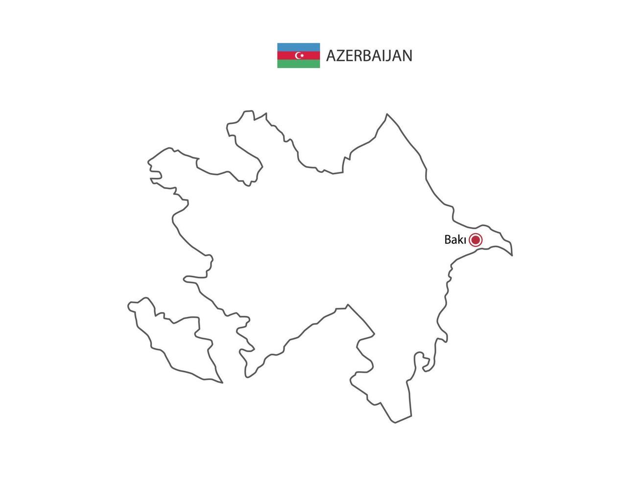 Hand draw thin black line vector of Azerbaijan Map with capital city Baku on white background.