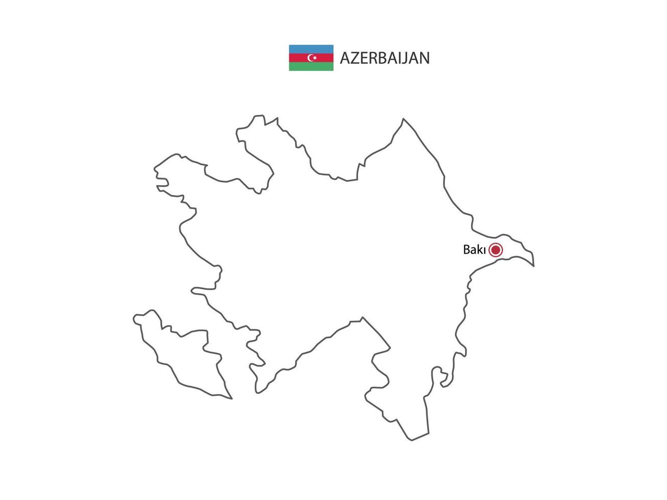 dibujar a mano el vector de línea negra delgada del mapa de azerbaiyán con la ciudad capital baku sobre fondo blanco.