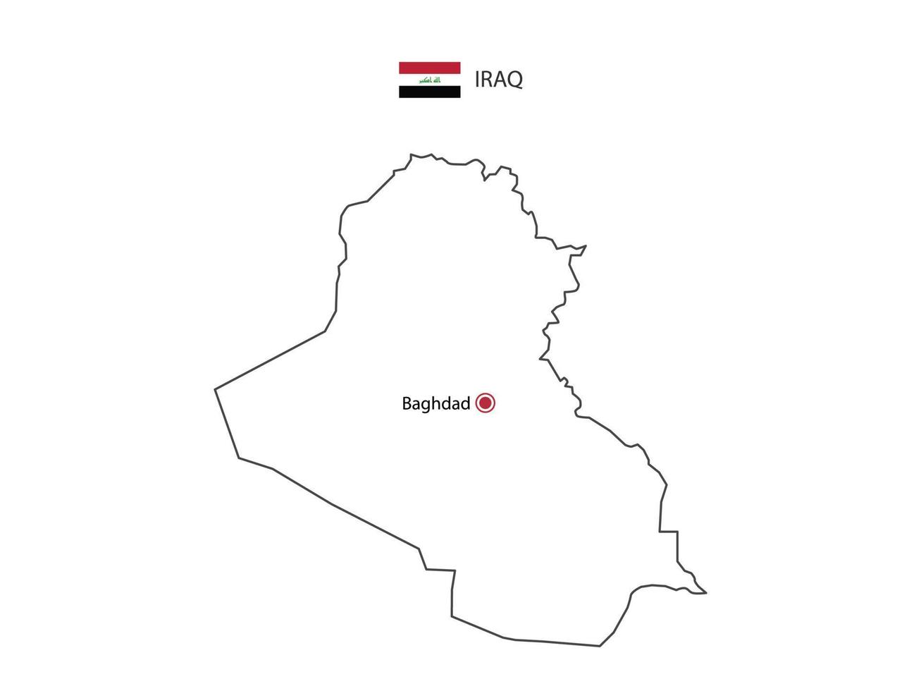 Hand draw thin black line vector of Iraq Map with capital city Baghdad on white background.