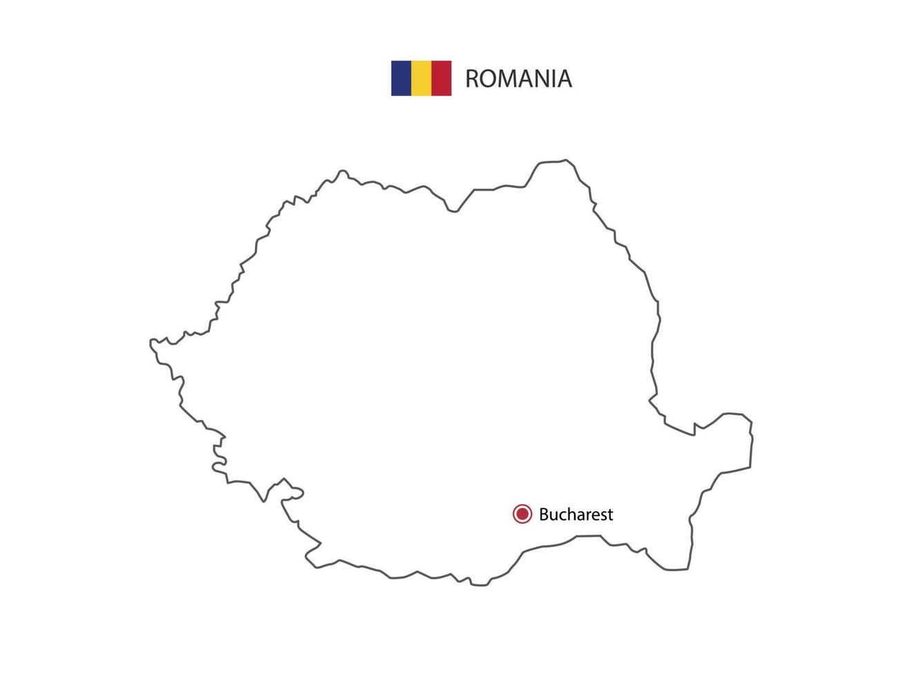 Hand draw thin black line vector of Romania Map with capital city Bucharest on white background.