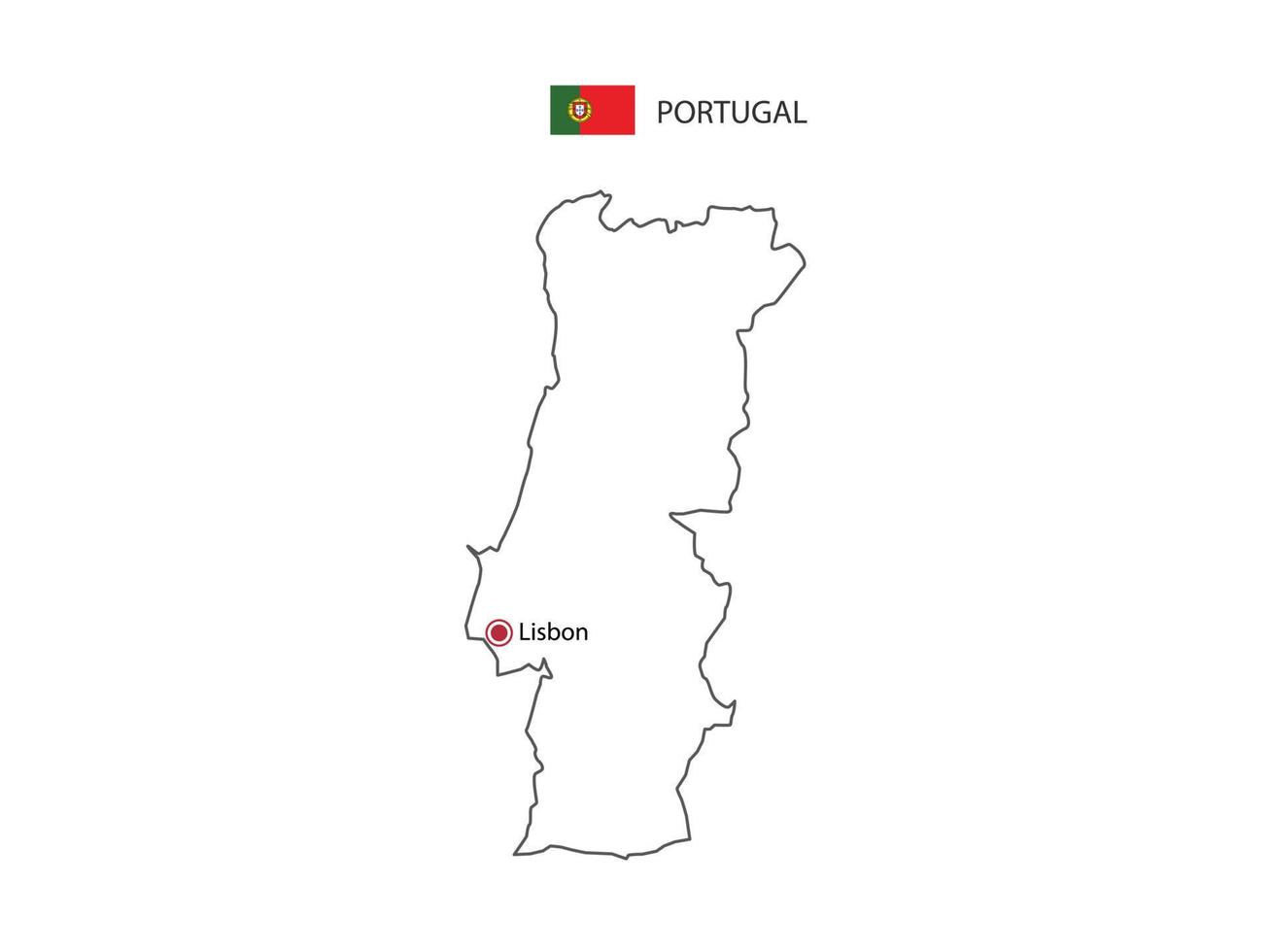 Hand draw thin black line vector of Portugal Map with capital city Lisbon on white background.