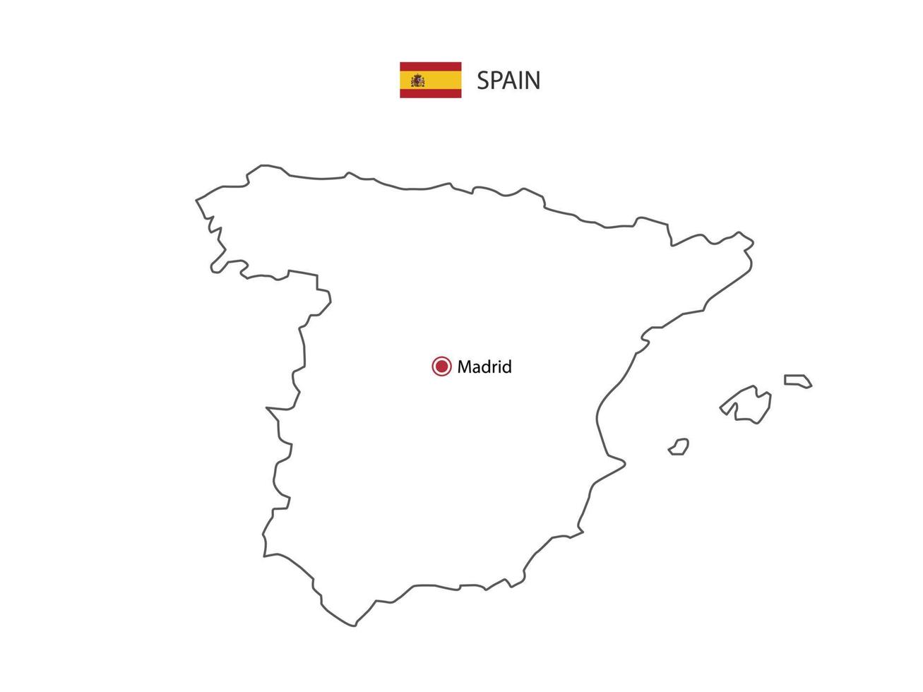 Hand draw thin black line vector of Spain Map with capital city Madrid on white background.