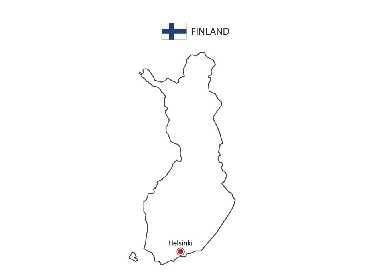 dibujar a mano el vector de línea negra delgada del mapa de finlandia con la ciudad capital helsinki sobre fondo blanco.