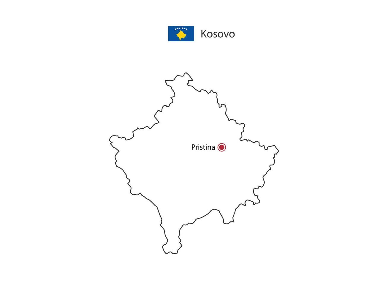 Hand draw thin black line vector of Kosovo Map with capital city Pristina on white background.