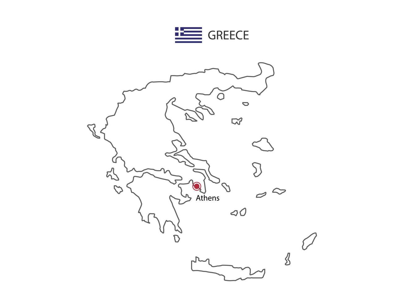 Hand draw thin black line vector of Greece Map with capital city Athens on white background.