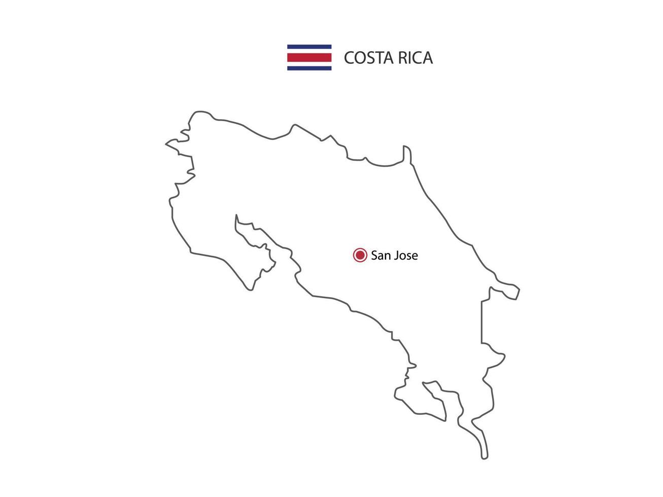 Hand draw thin black line vector of Costa rica Map with capital city San Jose on white background.