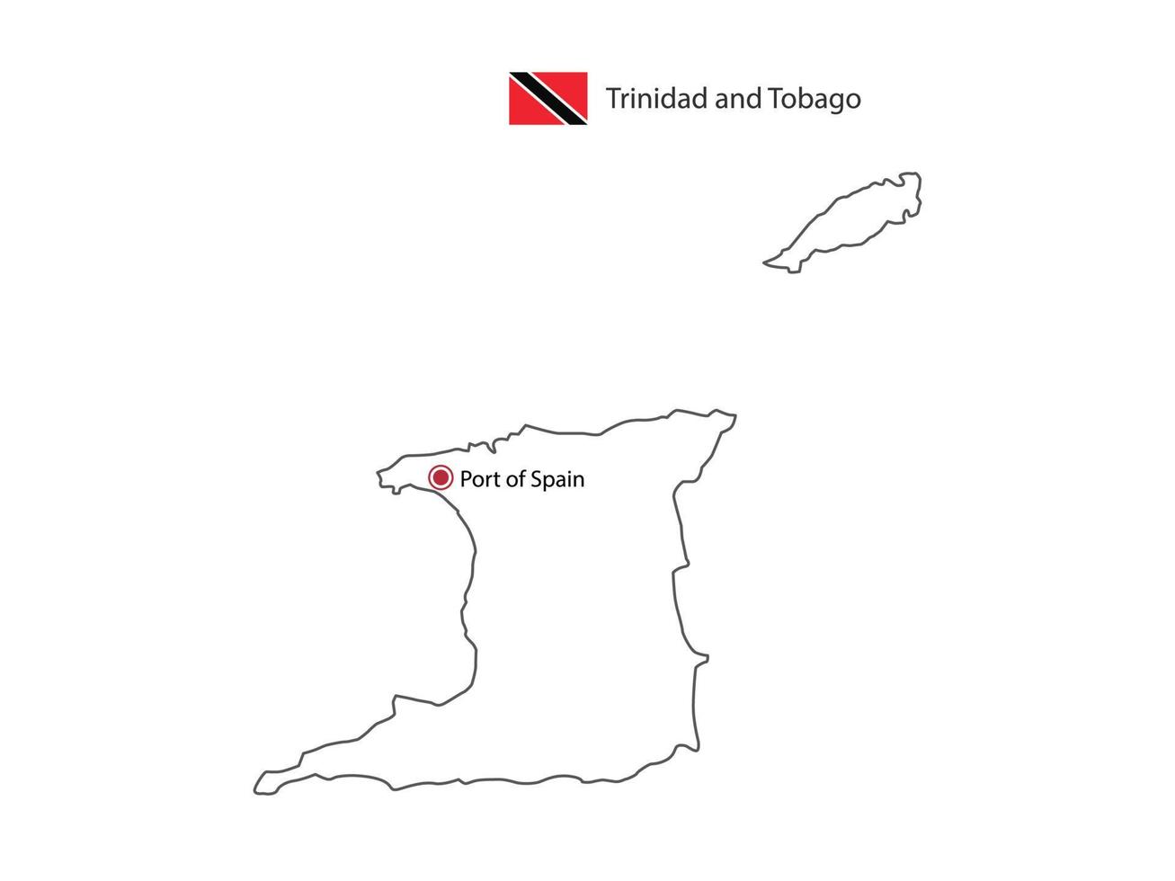 dibujar a mano el vector de línea negra delgada del mapa de trinidad y tobago con el puerto de la ciudad capital de españa sobre fondo blanco.