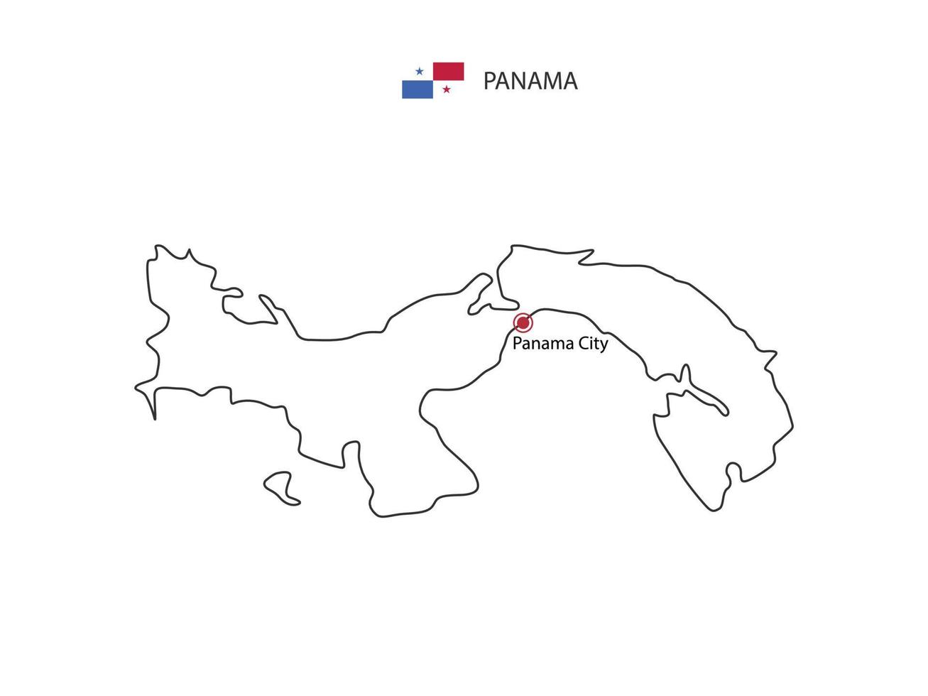 Hand draw thin black line vector of Panama Map with capital city Panama City on white background.