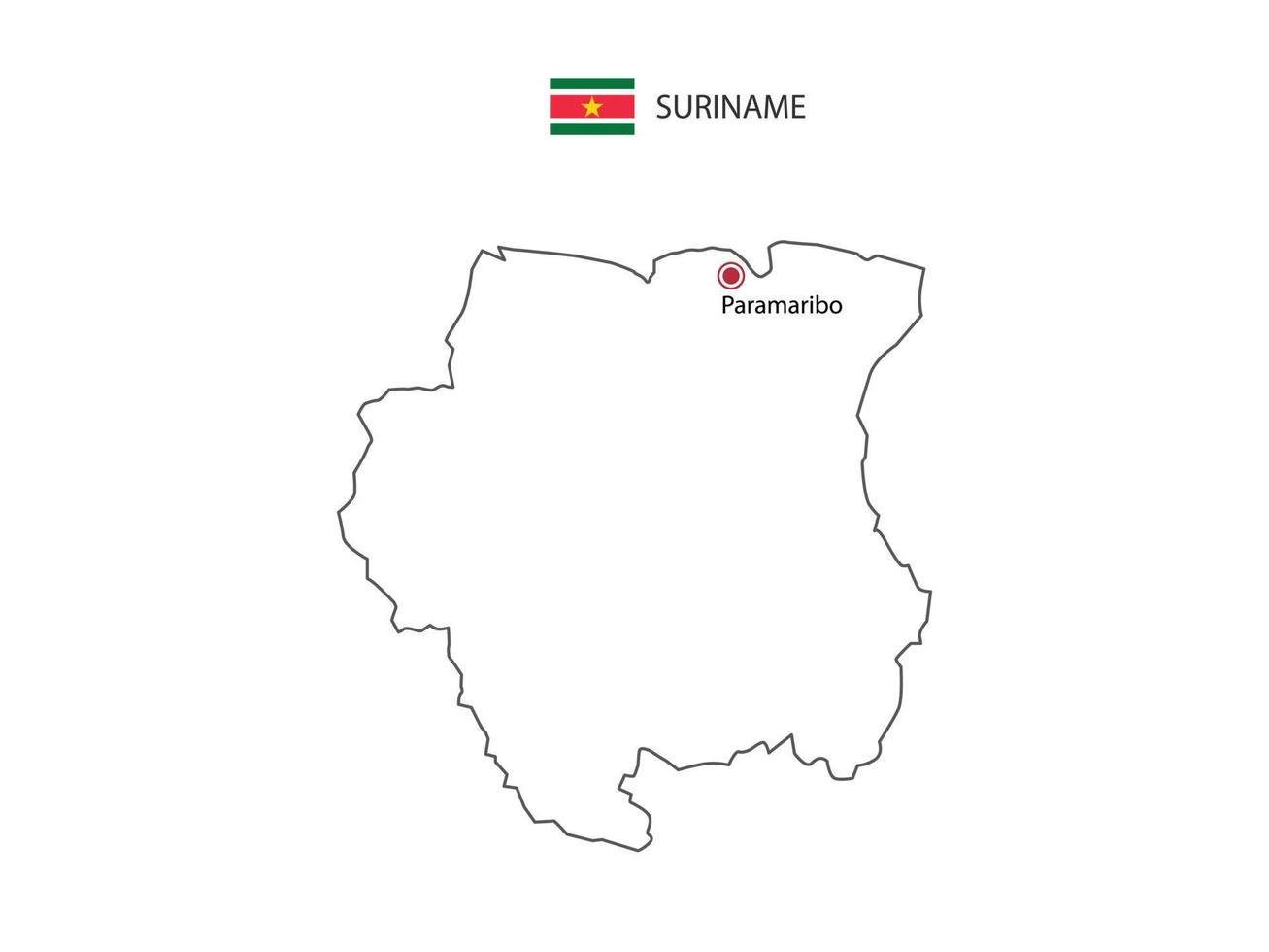 dibujar a mano el vector de línea negra delgada del mapa de surinam con la ciudad capital paramaribo sobre fondo blanco.