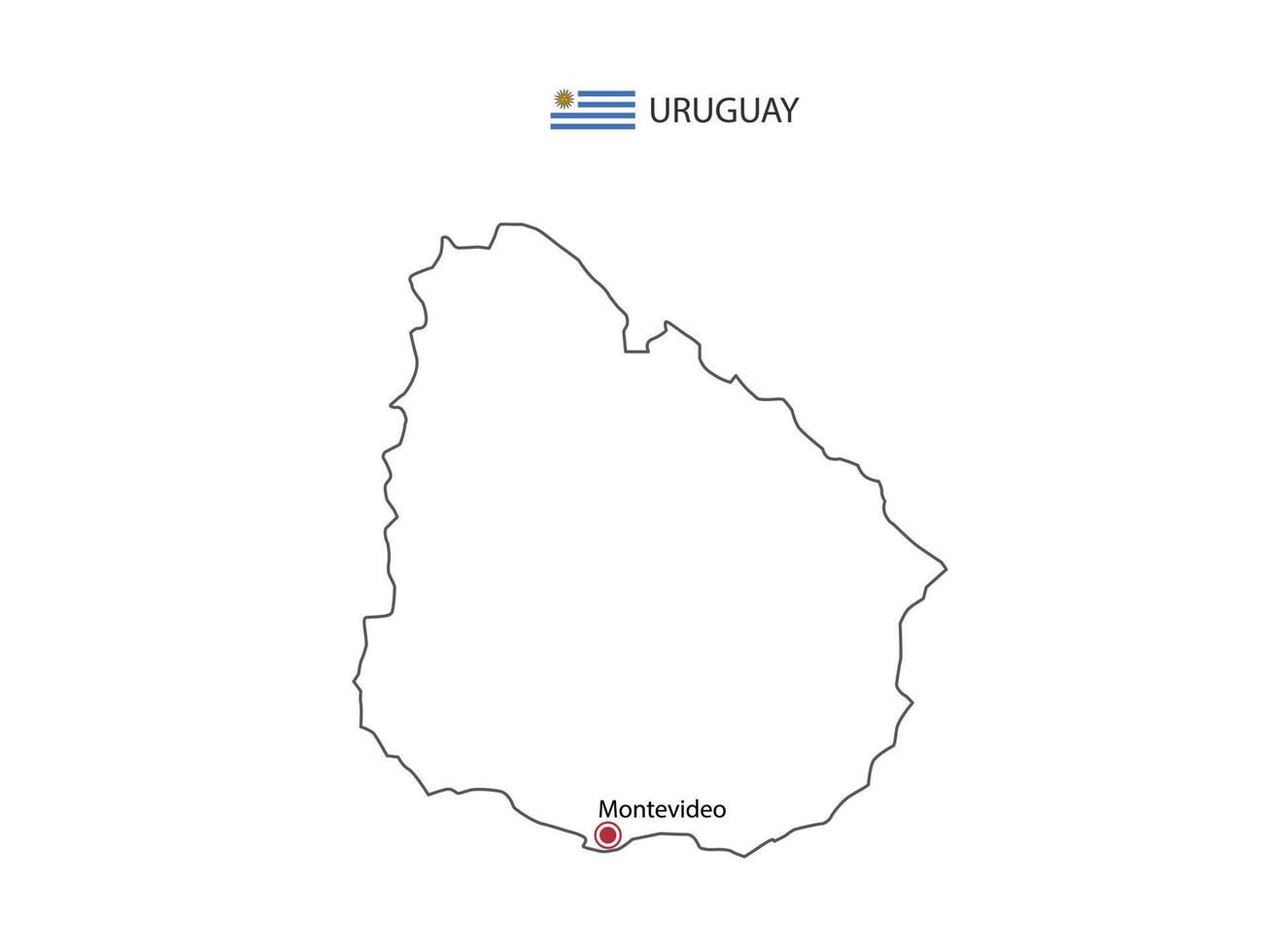 Hand draw thin black line vector of Uruguay Map with capital city Montevideo on white background.