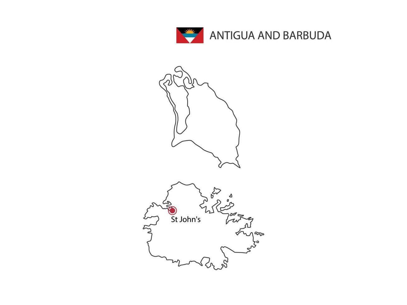 dibujar a mano el vector de línea negra delgada del mapa de antigua y barbuda con la ciudad capital st. john sobre fondo blanco.