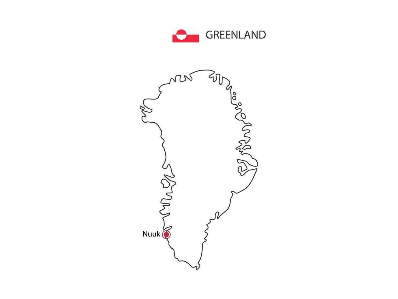 dibujar a mano el vector de línea negra delgada del mapa de groenlandia con la ciudad capital nuuk sobre fondo blanco.