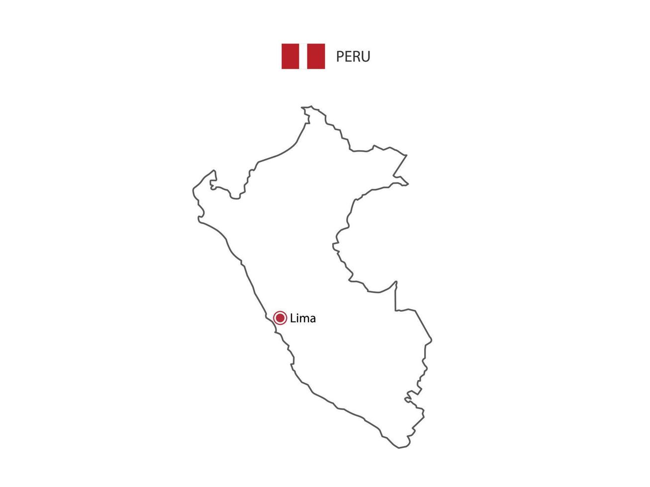 Hand draw thin black line vector of Peru Map with capital city Lima on white background.