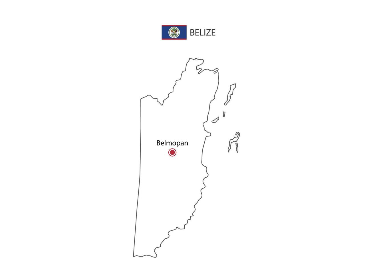 Hand draw thin black line vector of Belize Map with capital city Belmopan on white background.