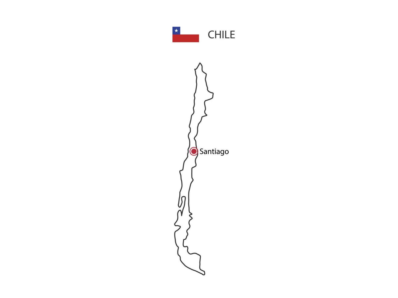 Hand draw thin black line vector of Chile Map with capital city Santiago on white background.